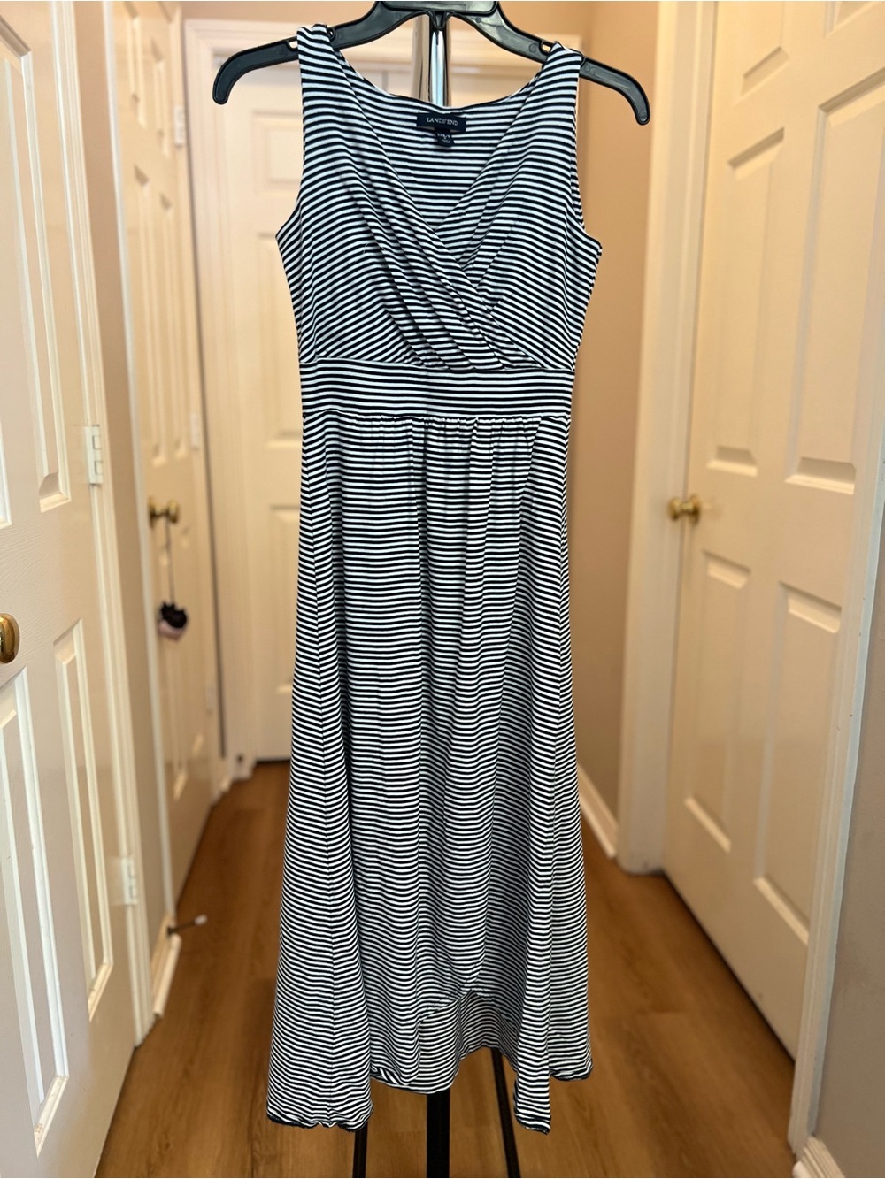 Lands' End Black and White Striped Sleeveless Maxi Dress